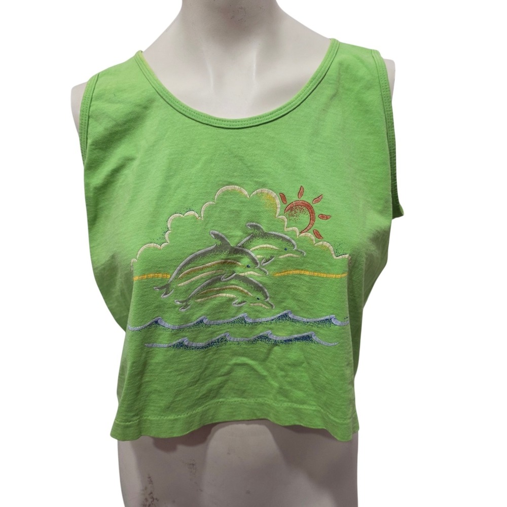 Vintage 90s Alore Dolphin Tank Top S Green Single Stitch USA Made Beach Graphic